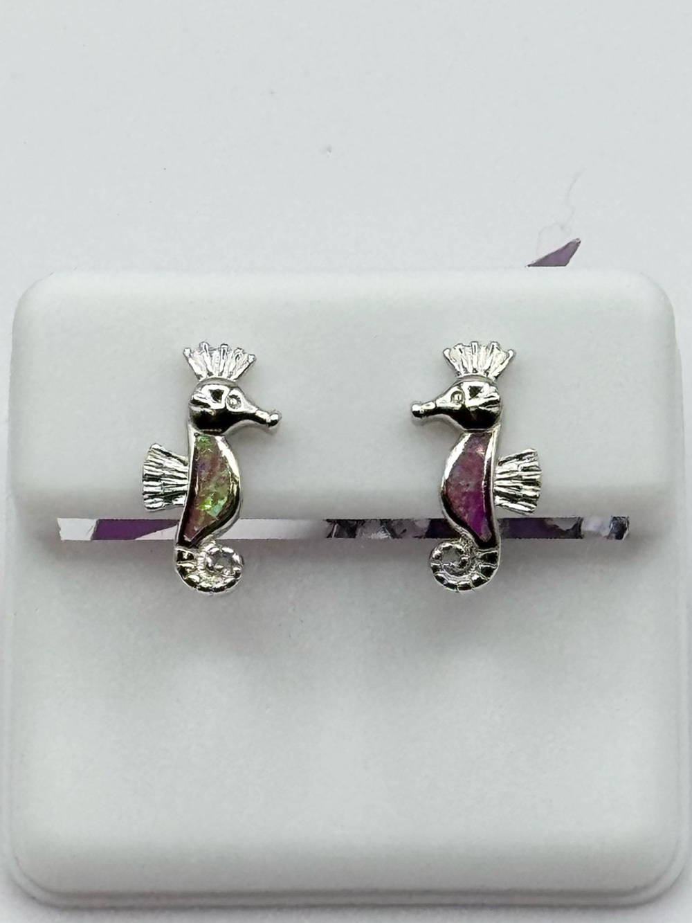 Seahorse Stud Earrings with Pink Created Opal Inlay